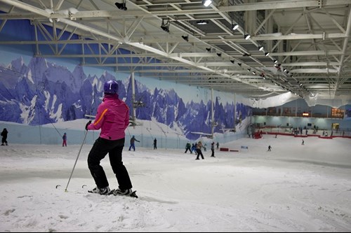 a person stood at the top of the ski slope looking down, wearing a pink coat and on their skiis