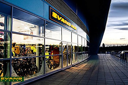 The shopfront of the Evans Cycles shop situated at Chill Factor<sup>e</sup> in Manchester, UK