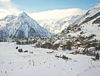 Ski resorts nestled in a mountain valley